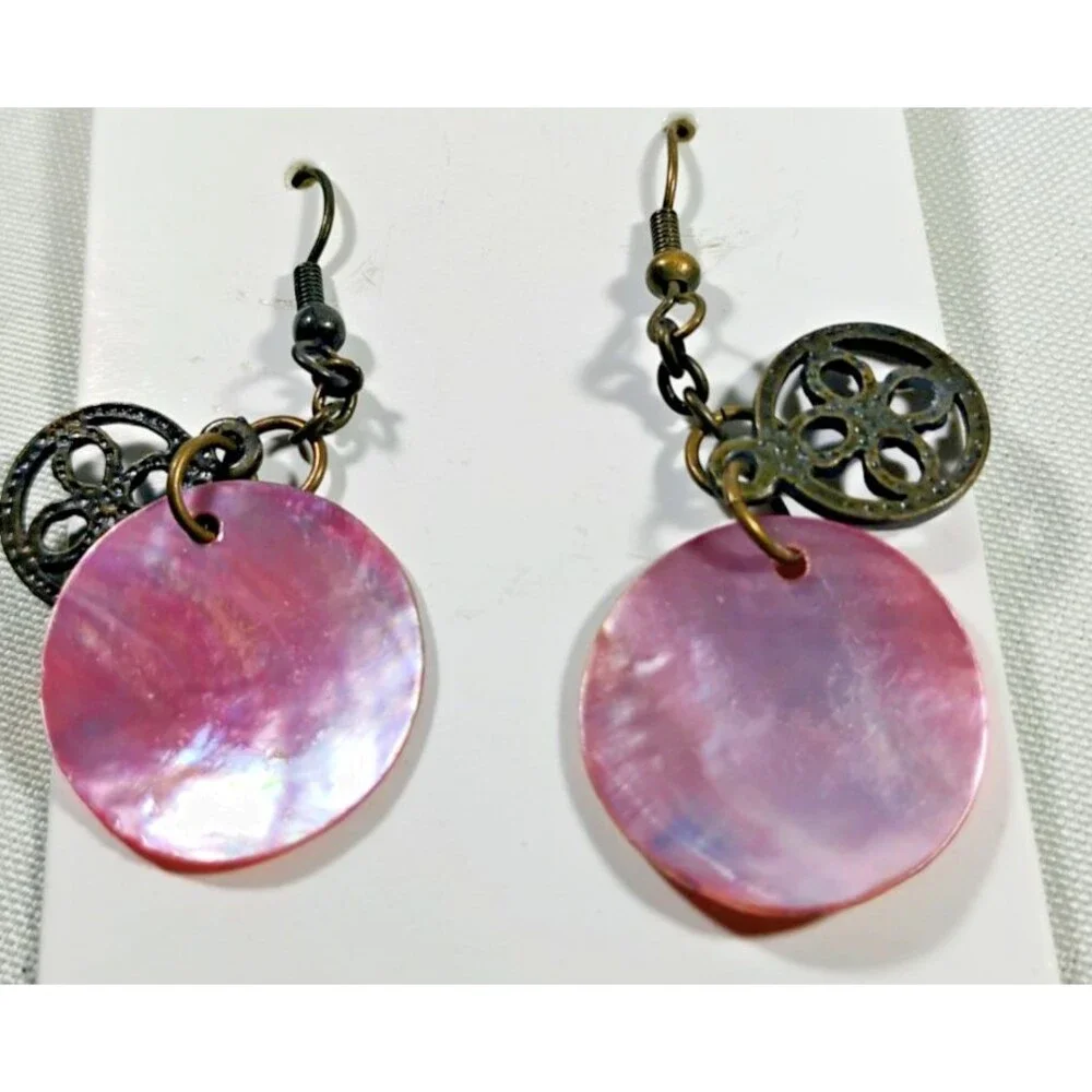 Vintage Dangle Earrings Pink Mother of Pearl Disc Brass Filigree Floral Charm